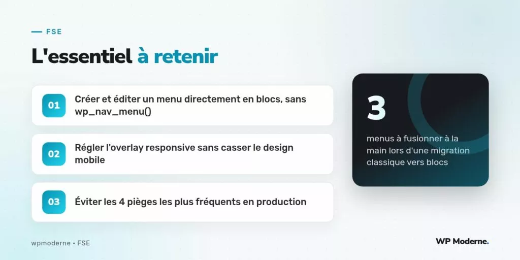 L'essentiel à retenir : Créer et éditer un menu directement en blocs, sans wp_nav_menu() ; Régler l'overlay responsive sans casser le design mobile ; Éviter les 4 pièges les plus fréquents en production