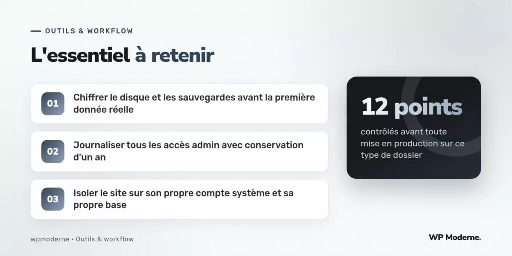 L'essentiel à retenir : Chiffrer le disque et les sauvegardes avant la première donnée réelle ; Journaliser tous les accès admin avec conservation d'un an ; Isoler le site sur son propre compte système et sa propre base