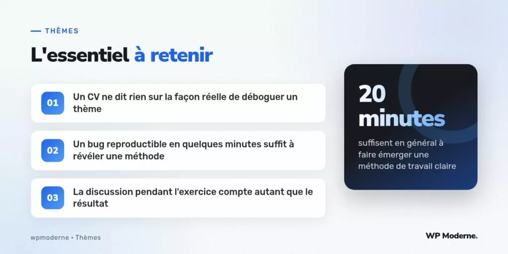 L'essentiel à retenir : Un CV ne dit rien sur la façon réelle de déboguer un thème ; Un bug reproductible en quelques minutes suffit à révéler une méthode ; La discussion pendant l'exercice compte autant que le résultat