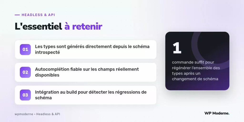 L'essentiel à retenir : Les types sont générés directement depuis le schéma introspecté ; Autocomplétion fiable sur les champs réellement disponibles ; Intégration au build pour détecter les régressions de schéma