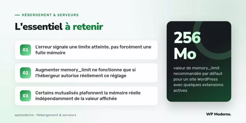L'essentiel à retenir : L'erreur signale une limite atteinte, pas forcément une fuite mémoire ; Augmenter memory_limit ne fonctionne que si l'hébergeur autorise réellement ce réglage ; Certains mutualisés plafonnent la mémoire réelle indépendamment de la valeur affichée