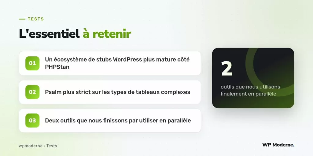 L'essentiel à retenir : Un écosystème de stubs WordPress plus mature côté PHPStan ; Psalm plus strict sur les types de tableaux complexes ; Deux outils que nous finissons par utiliser en parallèle