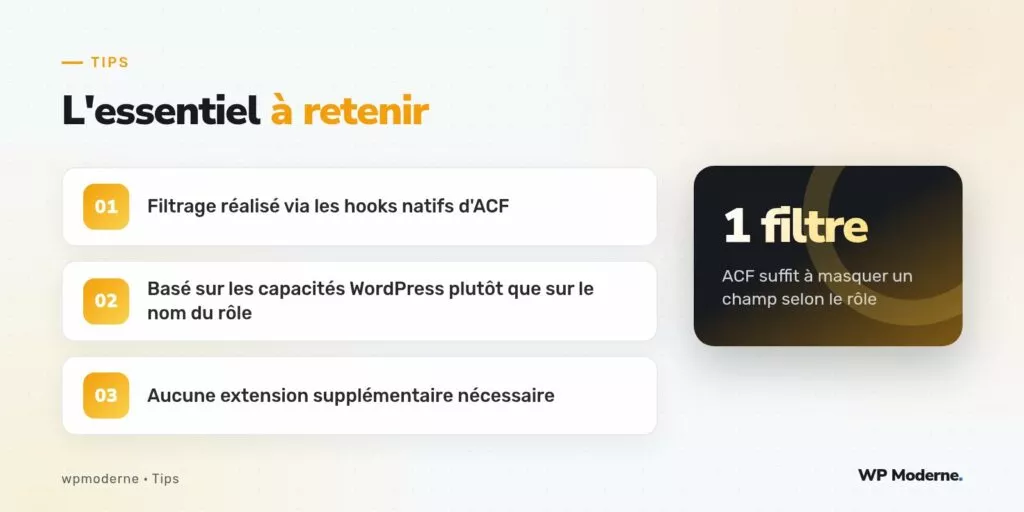 L'essentiel à retenir : Filtrage réalisé via les hooks natifs d'ACF ; Basé sur les capacités WordPress plutôt que sur le nom du rôle ; Aucune extension supplémentaire nécessaire
