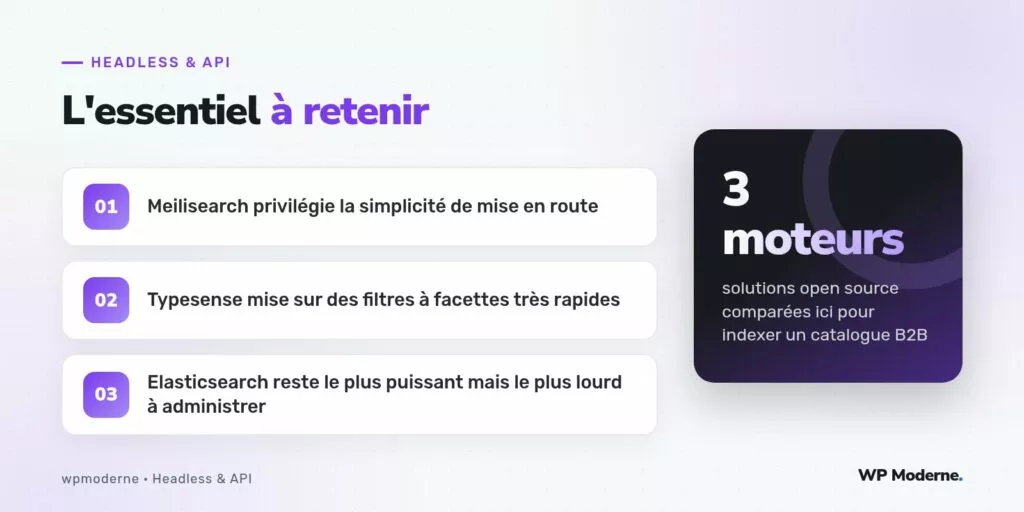 L'essentiel à retenir : Meilisearch privilégie la simplicité de mise en route ; Typesense mise sur des filtres à facettes très rapides ; Elasticsearch reste le plus puissant mais le plus lourd à administrer