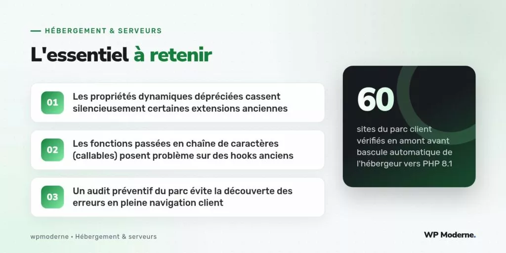 L'essentiel à retenir : Les propriétés dynamiques dépréciées cassent silencieusement certaines extensions anciennes ; Les fonctions passées en chaîne de caractères (callables) posent problème sur des hooks anciens ; Un audit préventif du parc évite la découverte des erreurs en pleine navigation client