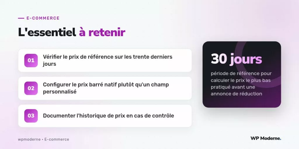 L'essentiel à retenir : Vérifier le prix de référence sur les trente derniers jours ; Configurer le prix barré natif plutôt qu'un champ personnalisé ; Documenter l'historique de prix en cas de contrôle