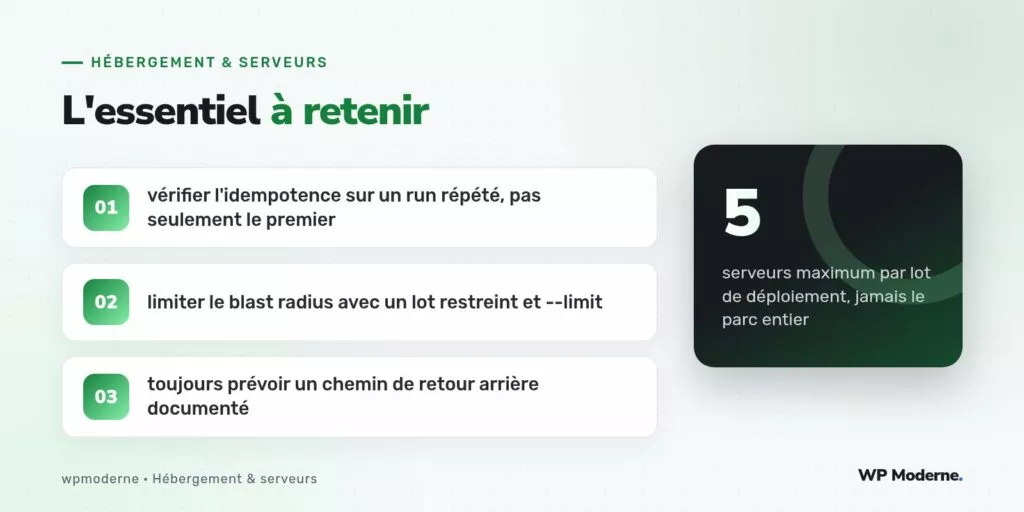 L'essentiel à retenir : vérifier l'idempotence sur un run répété, pas seulement le premier ; limiter le blast radius avec un lot restreint et --limit ; toujours prévoir un chemin de retour arrière documenté