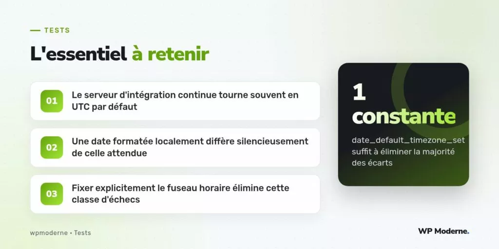 L'essentiel à retenir : Le serveur d'intégration continue tourne souvent en UTC par défaut ; Une date formatée localement diffère silencieusement de celle attendue ; Fixer explicitement le fuseau horaire élimine cette classe d'échecs