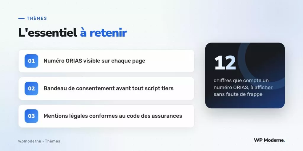 L'essentiel à retenir : Numéro ORIAS visible sur chaque page ; Bandeau de consentement avant tout script tiers ; Mentions légales conformes au code des assurances