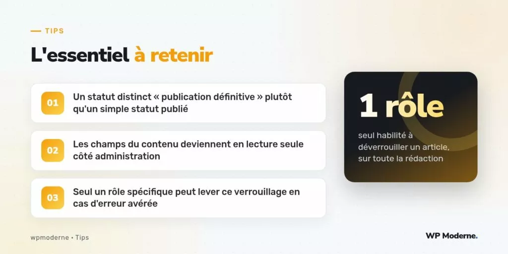 L'essentiel à retenir : Un statut distinct « publication définitive » plutôt qu'un simple statut publié ; Les champs du contenu deviennent en lecture seule côté administration ; Seul un rôle spécifique peut lever ce verrouillage en cas d'erreur avérée
