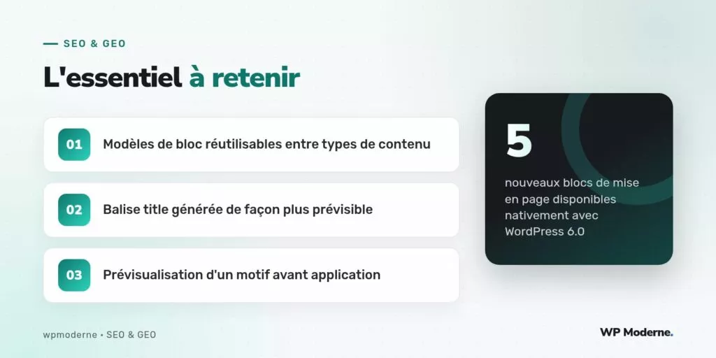 L'essentiel à retenir : Modèles de bloc réutilisables entre types de contenu ; Balise title générée de façon plus prévisible ; Prévisualisation d'un motif avant application