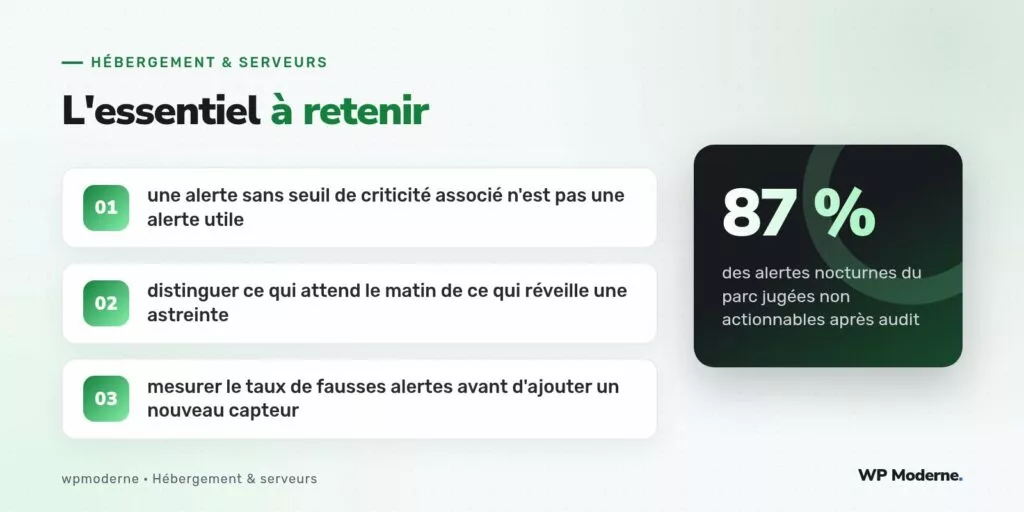 L'essentiel à retenir : une alerte sans seuil de criticité associé n'est pas une alerte utile ; distinguer ce qui attend le matin de ce qui réveille une astreinte ; mesurer le taux de fausses alertes avant d'ajouter un nouveau capteur