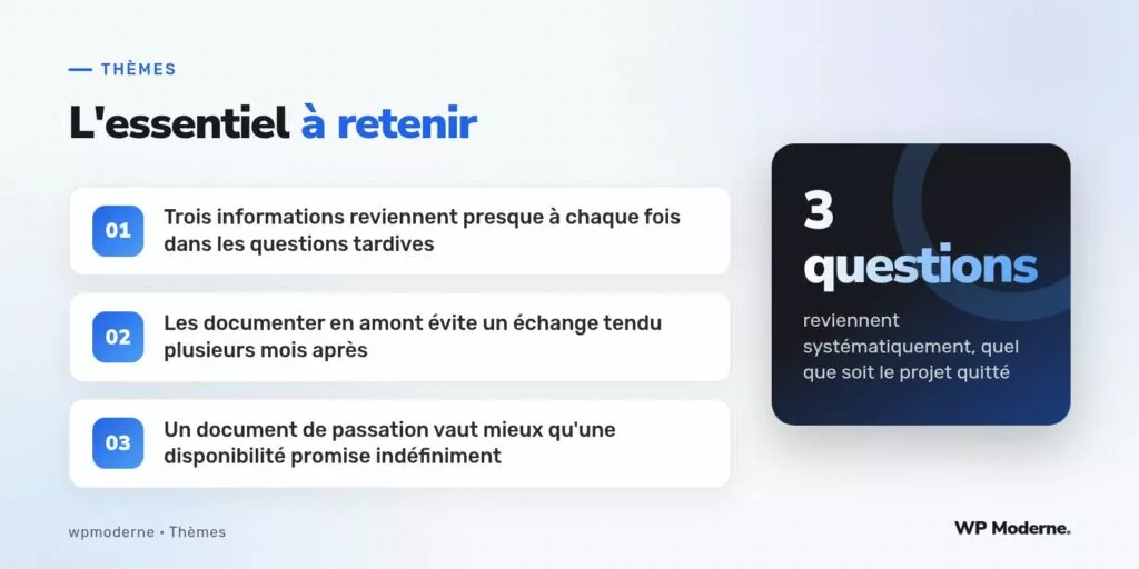 L'essentiel à retenir : Trois informations reviennent presque à chaque fois dans les questions tardives ; Les documenter en amont évite un échange tendu plusieurs mois après ; Un document de passation vaut mieux qu'une disponibilité promise indéfiniment