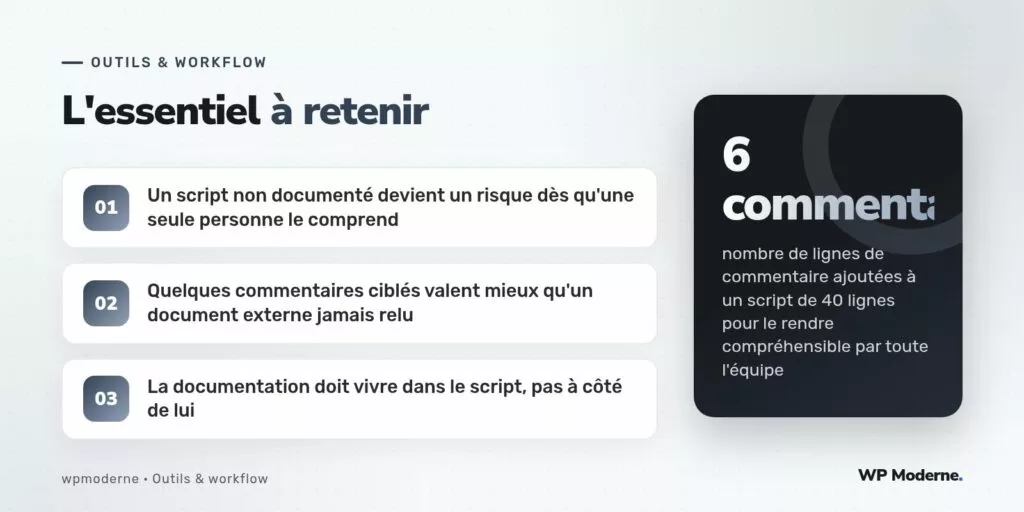 L'essentiel à retenir : Un script non documenté devient un risque dès qu'une seule personne le comprend ; Quelques commentaires ciblés valent mieux qu'un document externe jamais relu ; La documentation doit vivre dans le script, pas à côté de lui