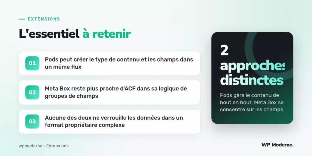 L'essentiel à retenir : Pods peut créer le type de contenu et les champs dans un même flux ; Meta Box reste plus proche d'ACF dans sa logique de groupes de champs ; Aucune des deux ne verrouille les données dans un format propriétaire complexe