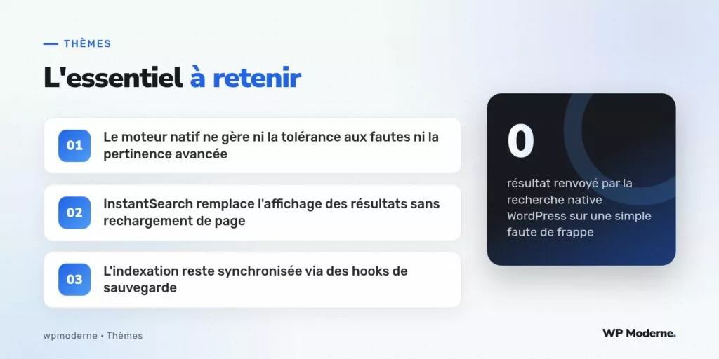 L'essentiel à retenir : Le moteur natif ne gère ni la tolérance aux fautes ni la pertinence avancée ; InstantSearch remplace l'affichage des résultats sans rechargement de page ; L'indexation reste synchronisée via des hooks de sauvegarde
