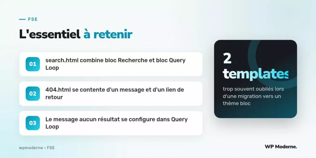 L'essentiel à retenir : search.html combine bloc Recherche et bloc Query Loop ; 404.html se contente d'un message et d'un lien de retour ; Le message aucun résultat se configure dans Query Loop