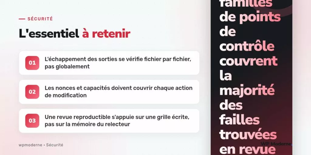 L'essentiel à retenir : L'échappement des sorties se vérifie fichier par fichier, pas globalement ; Les nonces et capacités doivent couvrir chaque action de modification ; Une revue reproductible s'appuie sur une grille écrite, pas sur la mémoire du relecteur