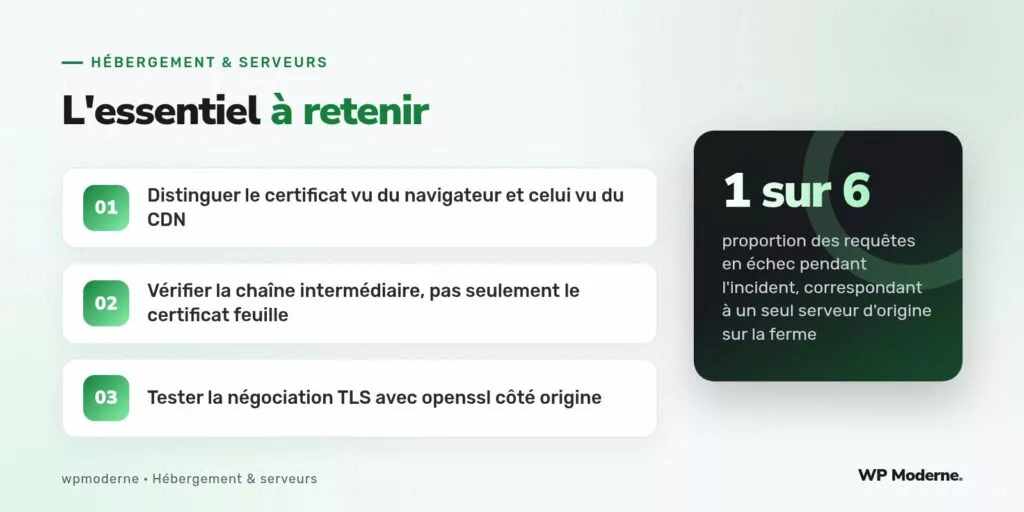 L'essentiel à retenir : Distinguer le certificat vu du navigateur et celui vu du CDN ; Vérifier la chaîne intermédiaire, pas seulement le certificat feuille ; Tester la négociation TLS avec openssl côté origine
