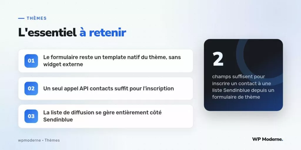 L'essentiel à retenir : Le formulaire reste un template natif du thème, sans widget externe ; Un seul appel API contacts suffit pour l'inscription ; La liste de diffusion se gère entièrement côté Sendinblue