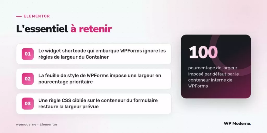 L'essentiel à retenir : Le widget shortcode qui embarque WPForms ignore les règles de largeur du Container ; La feuille de style de WPForms impose une largeur en pourcentage prioritaire ; Une règle CSS ciblée sur le conteneur du formulaire restaure la largeur prévue