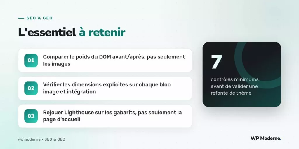 L'essentiel à retenir : Comparer le poids du DOM avant/après, pas seulement les images ; Vérifier les dimensions explicites sur chaque bloc image et intégration ; Rejouer Lighthouse sur les gabarits, pas seulement la page d'accueil