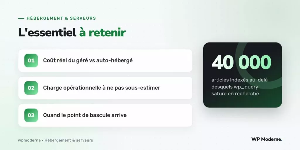 L'essentiel à retenir : Coût réel du géré vs auto-hébergé ; Charge opérationnelle à ne pas sous-estimer ; Quand le point de bascule arrive