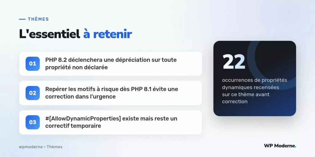 L'essentiel à retenir : PHP 8.2 déclenchera une dépréciation sur toute propriété non déclarée ; Repérer les motifs à risque dès PHP 8.1 évite une correction dans l'urgence ; #[AllowDynamicProperties] existe mais reste un correctif temporaire