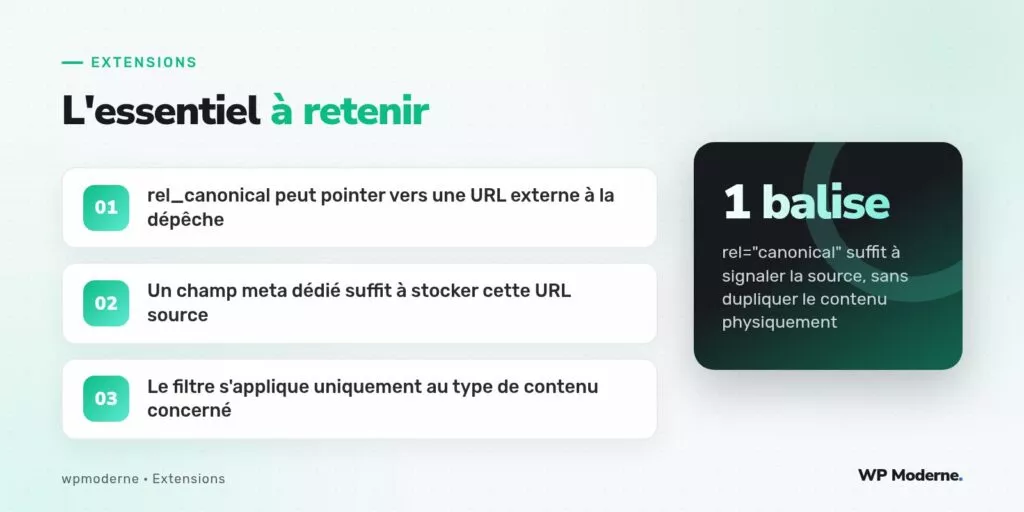 L'essentiel à retenir : rel_canonical peut pointer vers une URL externe à la dépêche ; Un champ meta dédié suffit à stocker cette URL source ; Le filtre s'applique uniquement au type de contenu concerné