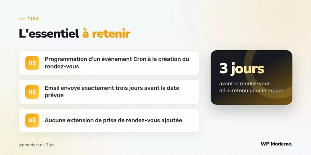 L'essentiel à retenir : Programmation d'un événement Cron à la création du rendez-vous ; Email envoyé exactement trois jours avant la date prévue ; Aucune extension de prise de rendez-vous ajoutée