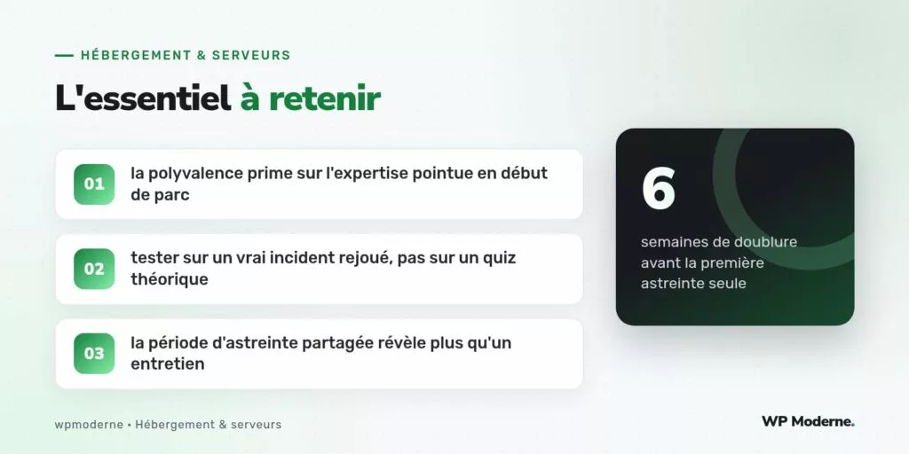 L'essentiel à retenir : la polyvalence prime sur l'expertise pointue en début de parc ; tester sur un vrai incident rejoué, pas sur un quiz théorique ; la période d'astreinte partagée révèle plus qu'un entretien