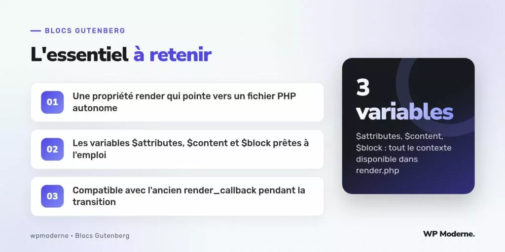 L'essentiel à retenir : Une propriété render qui pointe vers un fichier PHP autonome ; Les variables $attributes, $content et $block prêtes à l'emploi ; Compatible avec l'ancien render_callback pendant la transition