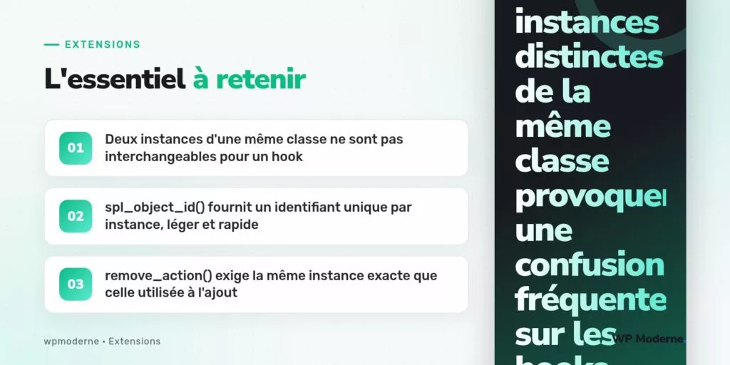 L'essentiel à retenir : Deux instances d'une même classe ne sont pas interchangeables pour un hook ; spl_object_id() fournit un identifiant unique par instance, léger et rapide ; remove_action() exige la même instance exacte que celle utilisée à l'ajout