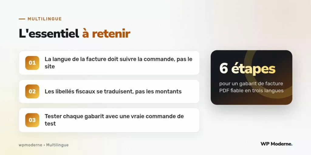 L'essentiel à retenir : La langue de la facture doit suivre la commande, pas le site ; Les libellés fiscaux se traduisent, pas les montants ; Tester chaque gabarit avec une vraie commande de test