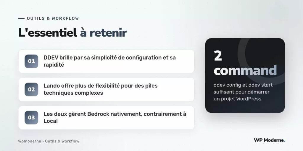 L'essentiel à retenir : DDEV brille par sa simplicité de configuration et sa rapidité ; Lando offre plus de flexibilité pour des piles techniques complexes ; Les deux gèrent Bedrock nativement, contrairement à Local