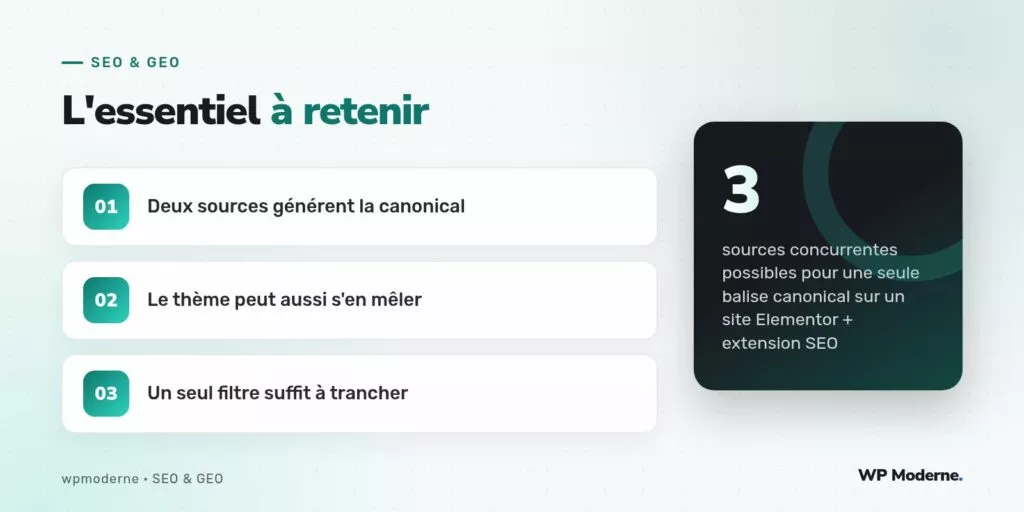 L'essentiel à retenir : Deux sources générent la canonical ; Le thème peut aussi s'en mêler ; Un seul filtre suffit à trancher