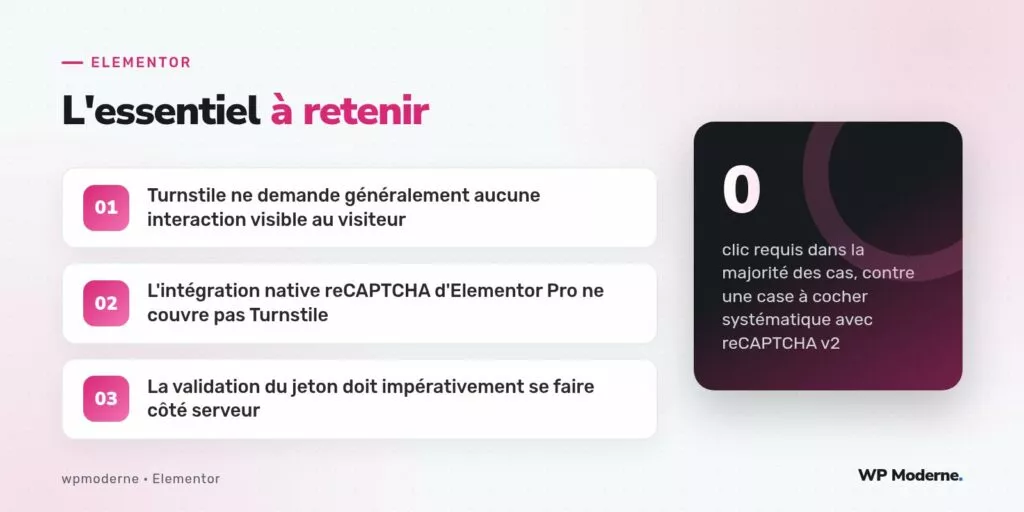 L'essentiel à retenir : Turnstile ne demande généralement aucune interaction visible au visiteur ; L'intégration native reCAPTCHA d'Elementor Pro ne couvre pas Turnstile ; La validation du jeton doit impérativement se faire côté serveur