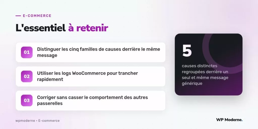 L'essentiel à retenir : Distinguer les cinq familles de causes derrière le même message ; Utiliser les logs WooCommerce pour trancher rapidement ; Corriger sans casser le comportement des autres passerelles