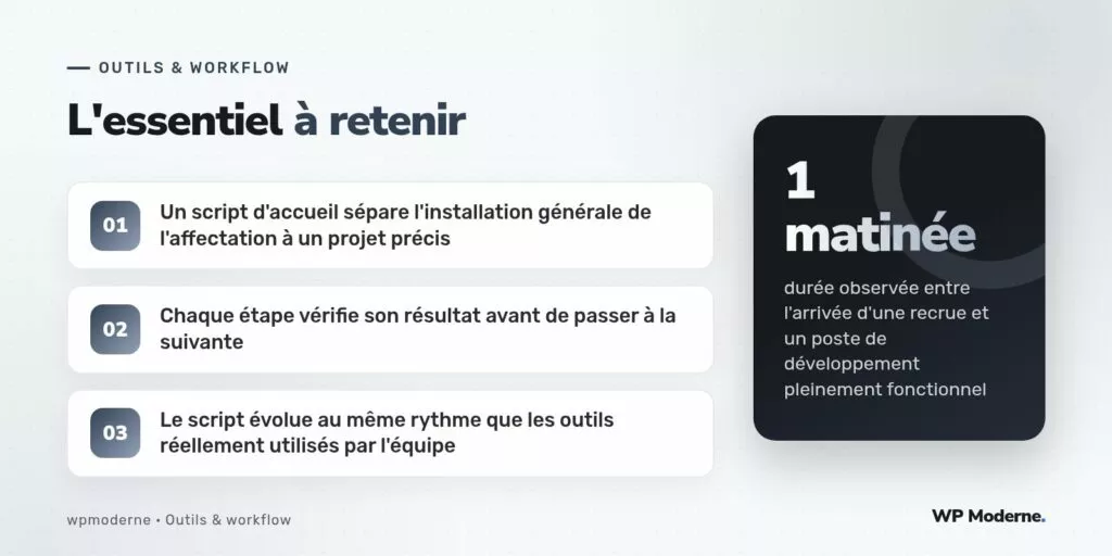 L'essentiel à retenir : Un script d'accueil sépare l'installation générale de l'affectation à un projet précis ; Chaque étape vérifie son résultat avant de passer à la suivante ; Le script évolue au même rythme que les outils réellement utilisés par l'équipe