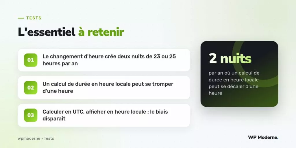 L'essentiel à retenir : Le changement d'heure crée deux nuits de 23 ou 25 heures par an ; Un calcul de durée en heure locale peut se tromper d'une heure ; Calculer en UTC, afficher en heure locale : le biais disparaît