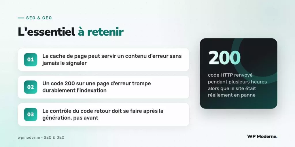 L'essentiel à retenir : Le cache de page peut servir un contenu d'erreur sans jamais le signaler ; Un code 200 sur une page d'erreur trompe durablement l'indexation ; Le contrôle du code retour doit se faire après la génération, pas avant
