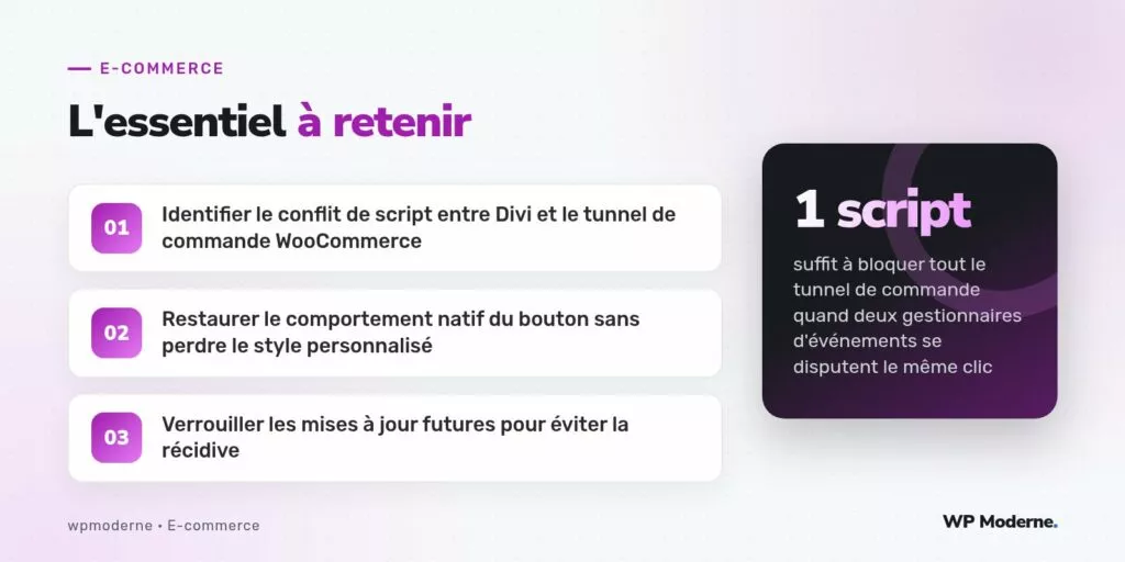 L'essentiel à retenir : Identifier le conflit de script entre Divi et le tunnel de commande WooCommerce ; Restaurer le comportement natif du bouton sans perdre le style personnalisé ; Verrouiller les mises à jour futures pour éviter la récidive