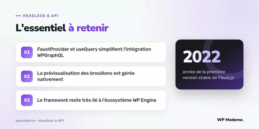 L'essentiel à retenir : FaustProvider et useQuery simplifient l'intégration WPGraphQL ; La prévisualisation des brouillons est gérée nativement ; Le framework reste très lié à l'écosystème WP Engine