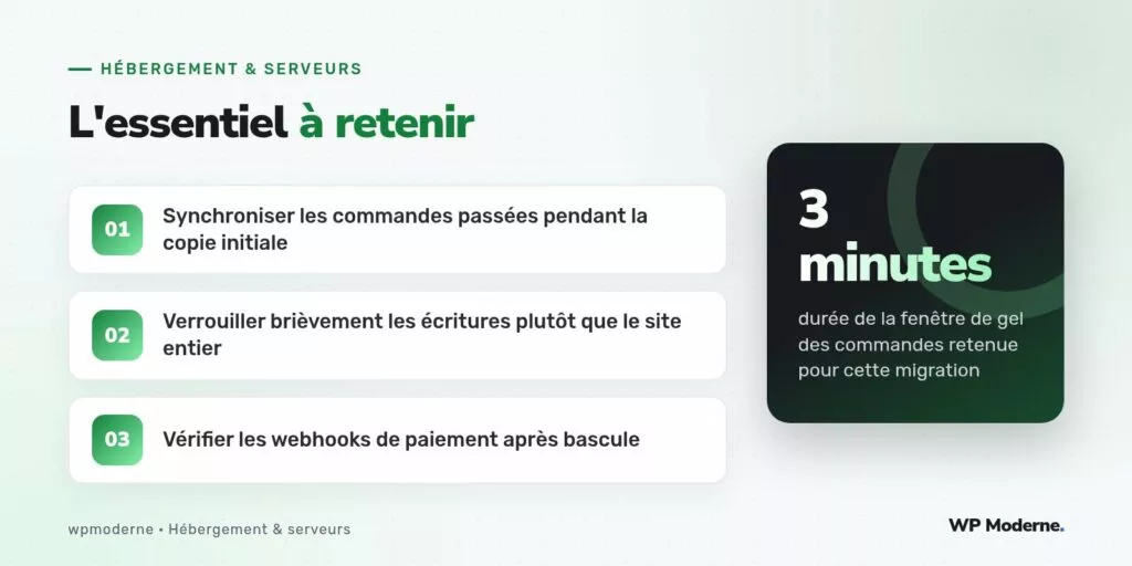 L'essentiel à retenir : Synchroniser les commandes passées pendant la copie initiale ; Verrouiller brièvement les écritures plutôt que le site entier ; Vérifier les webhooks de paiement après bascule