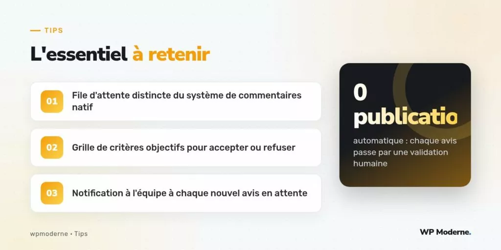 L'essentiel à retenir : File d'attente distincte du système de commentaires natif ; Grille de critères objectifs pour accepter ou refuser ; Notification à l'équipe à chaque nouvel avis en attente