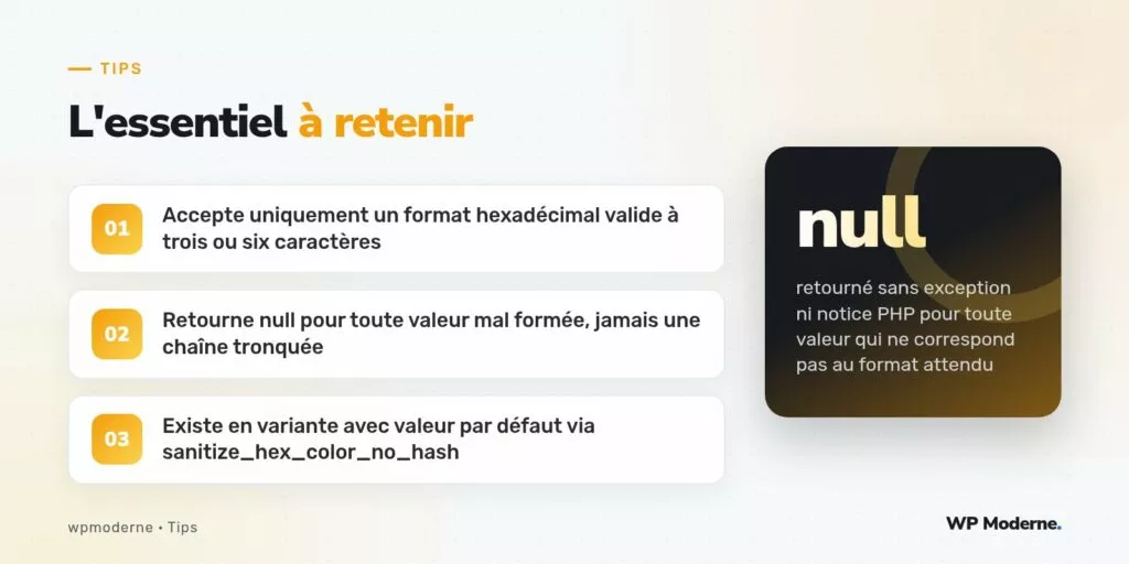 L'essentiel à retenir : Accepte uniquement un format hexadécimal valide à trois ou six caractères ; Retourne null pour toute valeur mal formée, jamais une chaîne tronquée ; Existe en variante avec valeur par défaut via sanitize_hex_color_no_hash