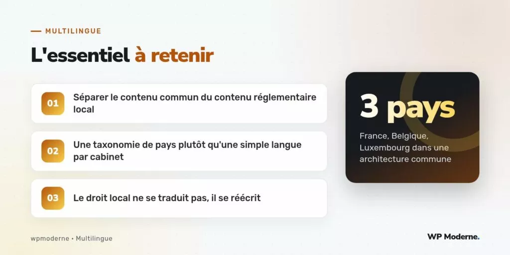 L'essentiel à retenir : Séparer le contenu commun du contenu réglementaire local ; Une taxonomie de pays plutôt qu'une simple langue par cabinet ; Le droit local ne se traduit pas, il se réécrit