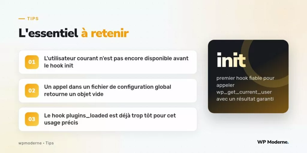 L'essentiel à retenir : L'utilisateur courant n'est pas encore disponible avant le hook init ; Un appel dans un fichier de configuration global retourne un objet vide ; Le hook plugins_loaded est déjà trop tôt pour cet usage précis