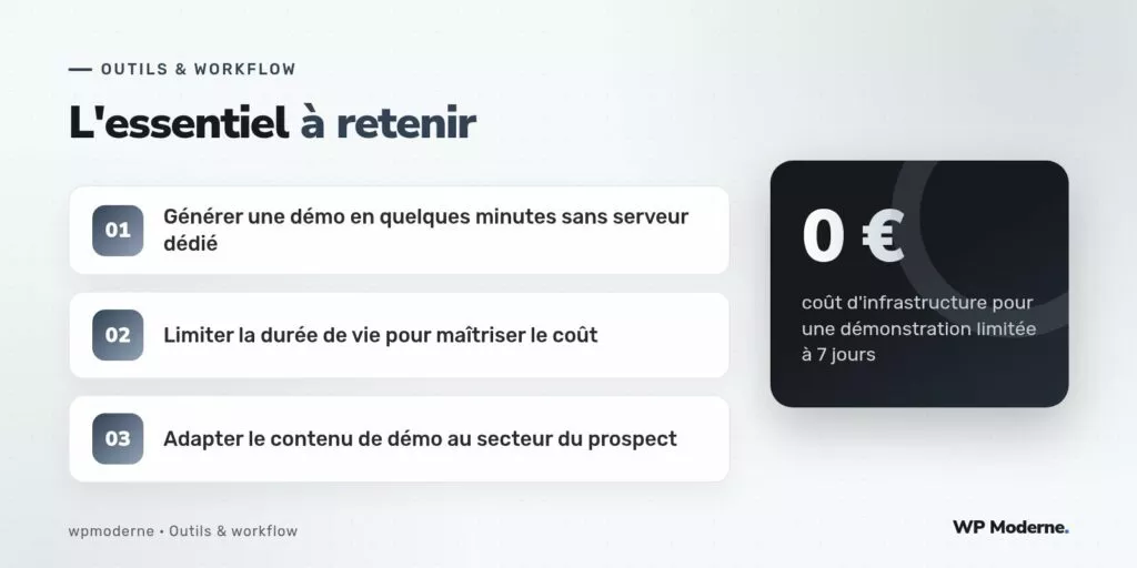 L'essentiel à retenir : Générer une démo en quelques minutes sans serveur dédié ; Limiter la durée de vie pour maîtriser le coût ; Adapter le contenu de démo au secteur du prospect