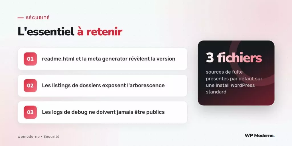 L'essentiel à retenir : readme.html et la meta generator révèlent la version ; Les listings de dossiers exposent l'arborescence ; Les logs de debug ne doivent jamais être publics